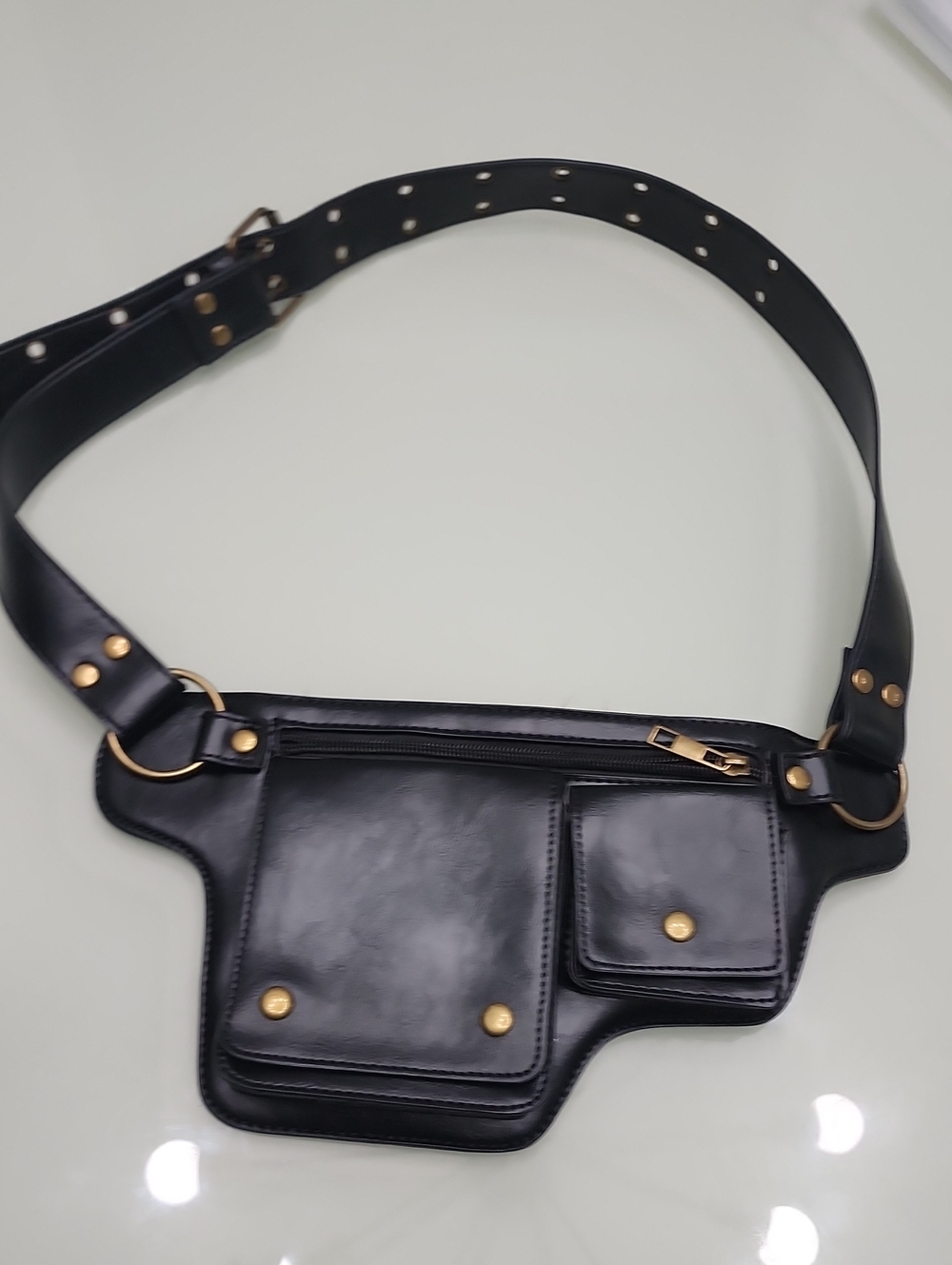 Black Leather Studded Belt Bag with Gold Accents